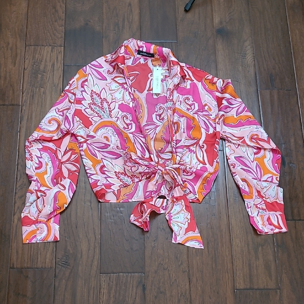 NWT Good Time USA Vibrant Pink Orange Open Tie Front Top size Medium